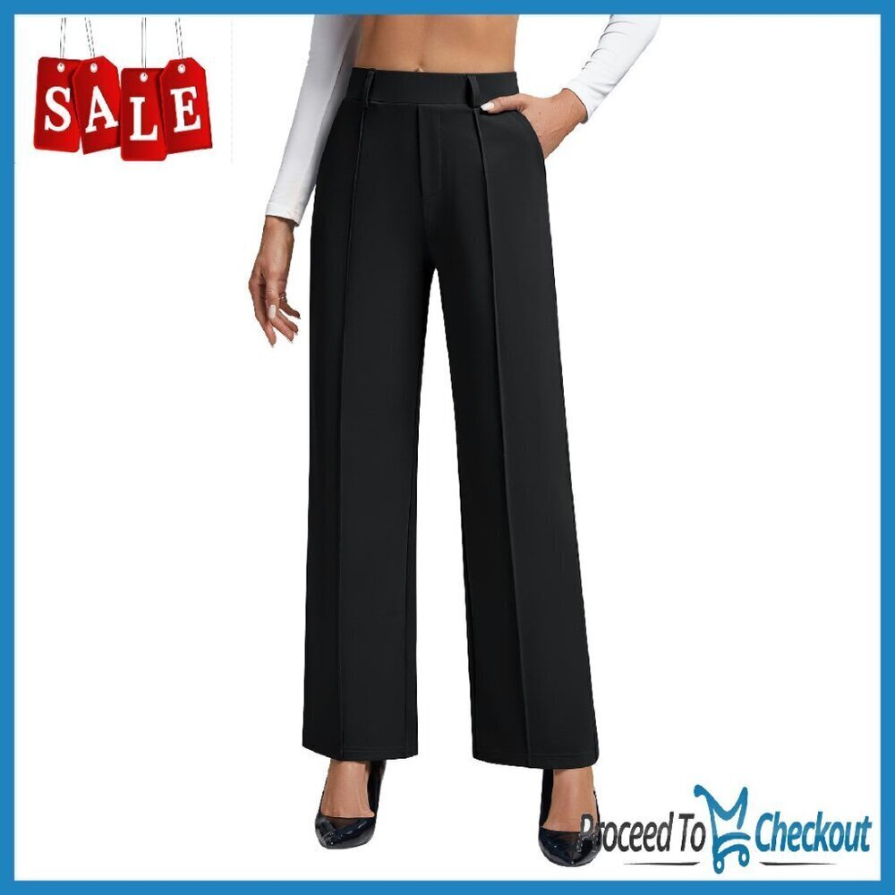 Wide Leg Pull-On Dress Pants Stretchy High Waisted Work Trousers with Pockets